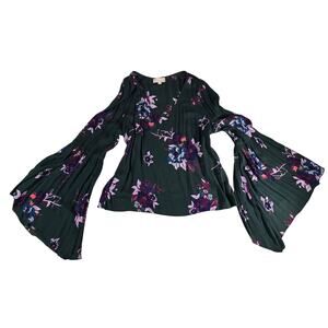 Altar'd State Womens Medium Floral Bell Sleeve Boho Blouse Green Flowy Top